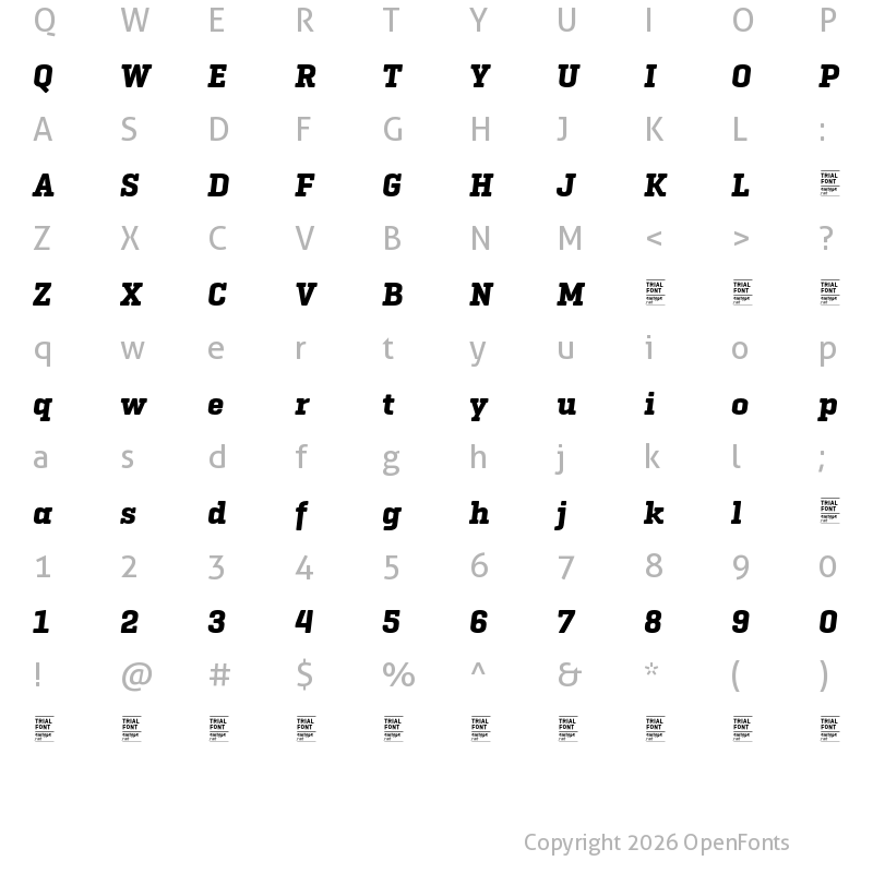 Character Map of Geogrotesque Slab TRIAL Bold Italic
