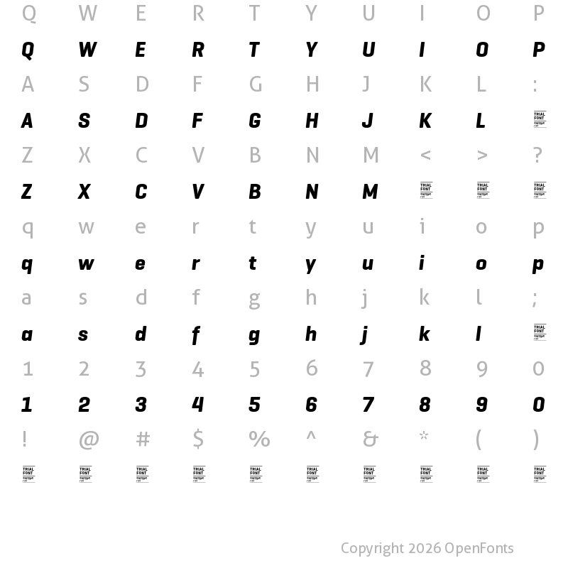 Character Map of Geogrotesque TRIAL Bold Italic