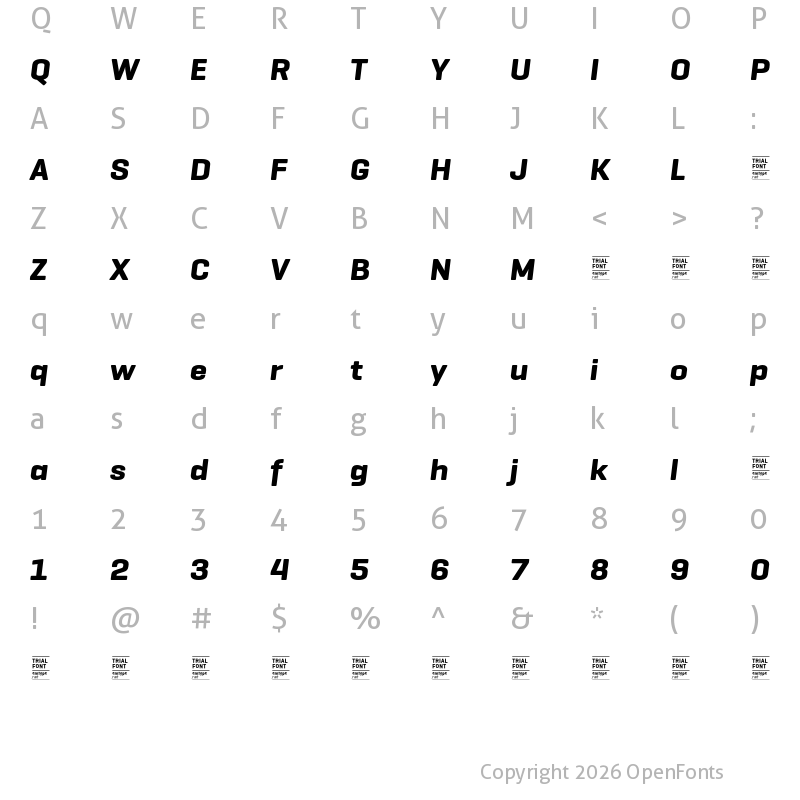 Character Map of Geogrotesque Wide TRIAL Bold Italic