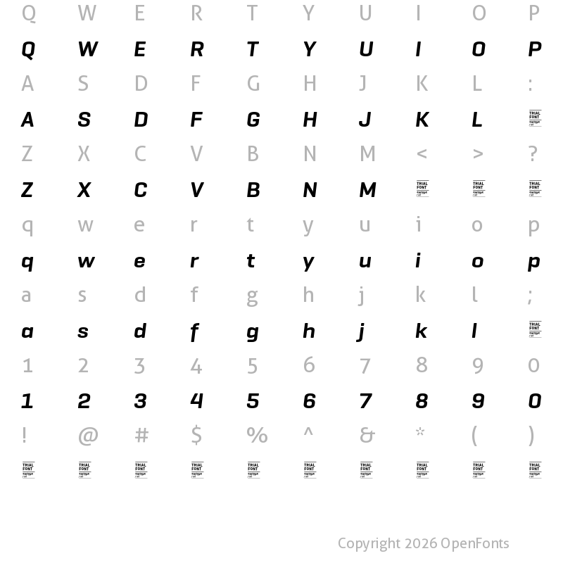 Character Map of Geogrotesque Wide TRIAL SemiBold Italic