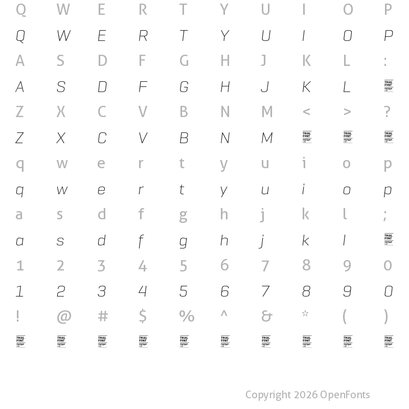Character Map of Geogrotesque Wide TRIAL UltraLight Italic