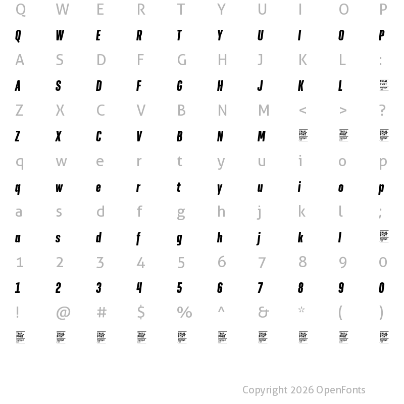 Character Map of Geogrotesque XComp TRIAL Bold Italic