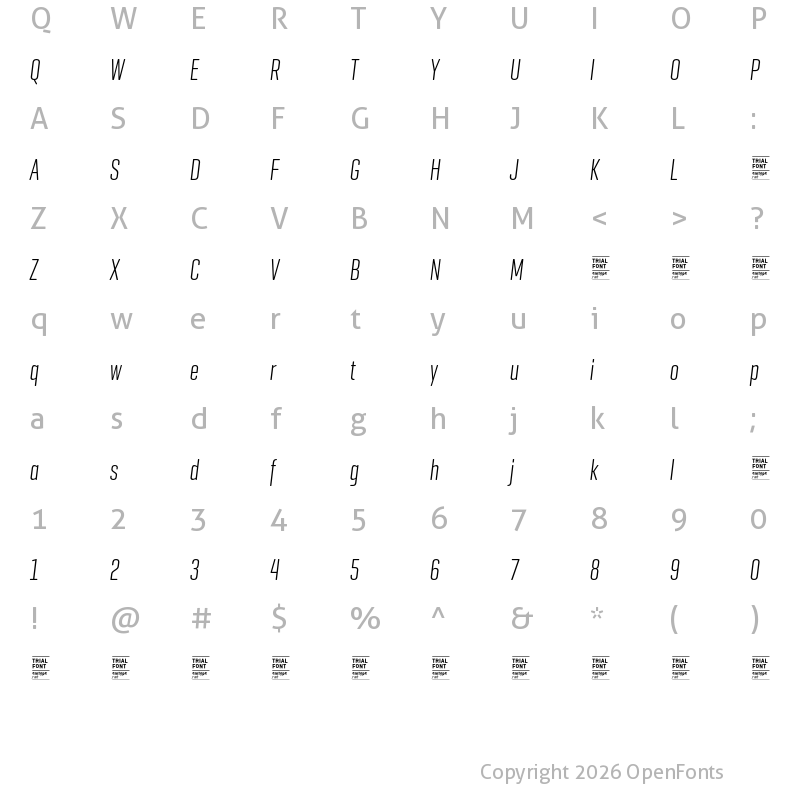 Character Map of Geogrotesque XComp TRIAL Light Italic