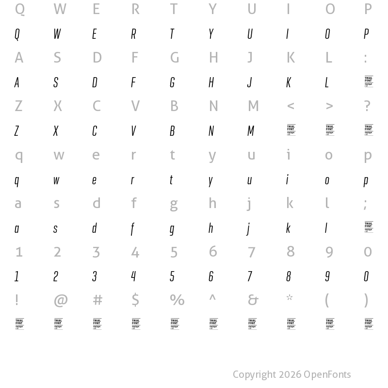 Character Map of Geogrotesque XComp TRIAL Regular Italic