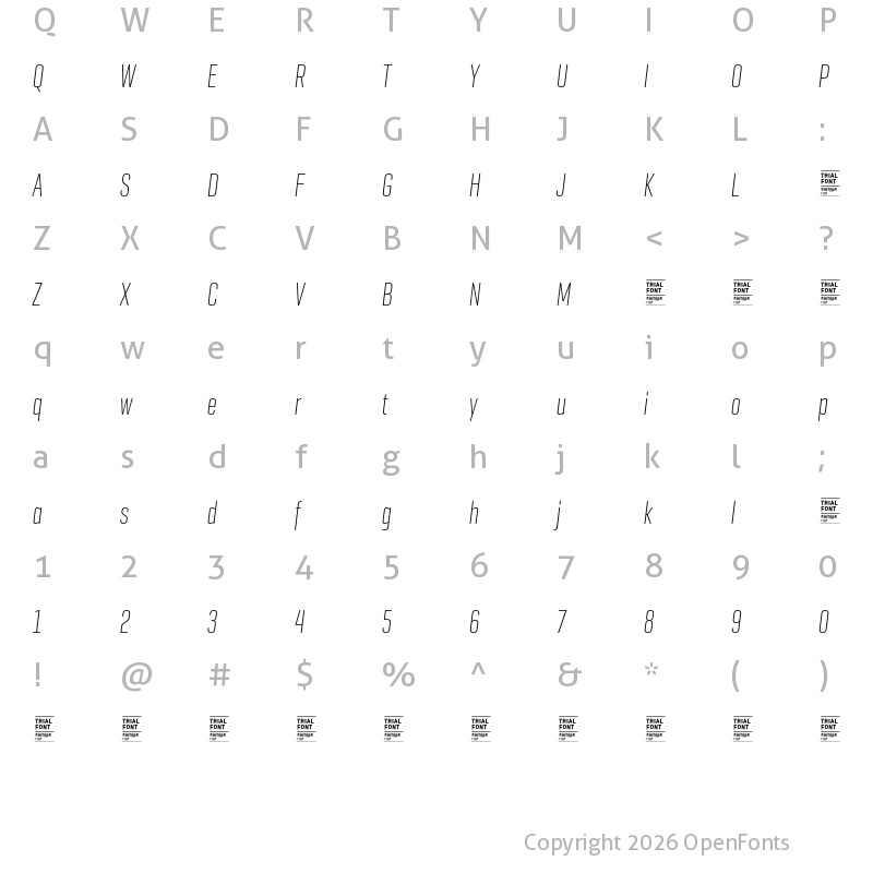 Character Map of Geogrotesque XComp TRIAL UltraLight Italic