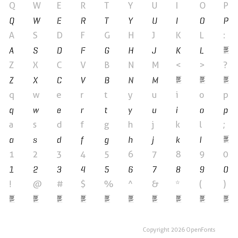 Character Map of GeogrotesqueStencil C TRIAL Regular Italic