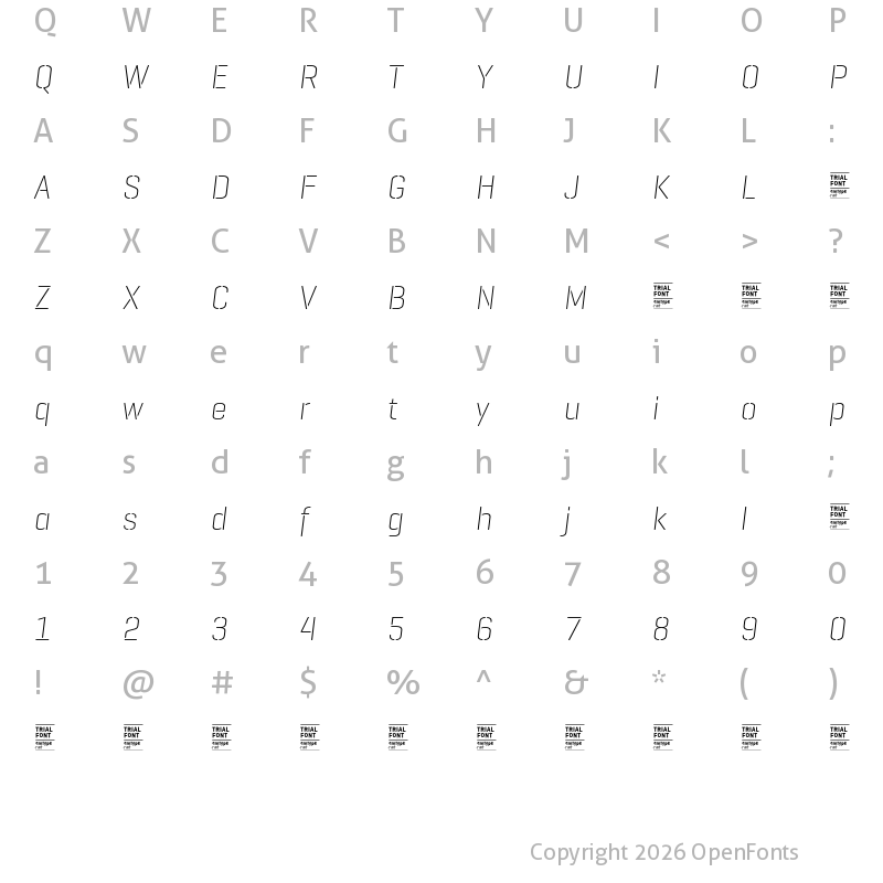 Character Map of GeogrotesqueStencil C TRIAL UltraLight Italic