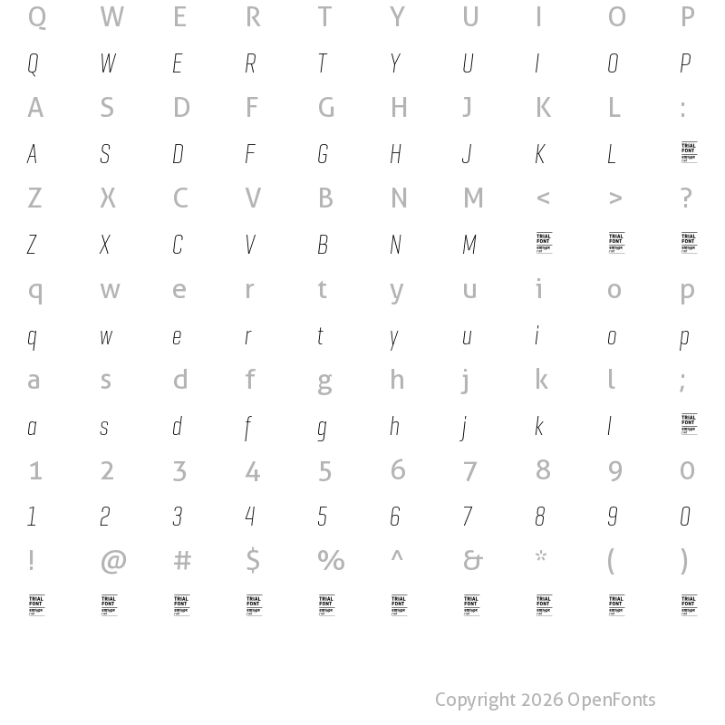 Character Map of GeogrotSharp TRIAL Comp UltraLight Italic