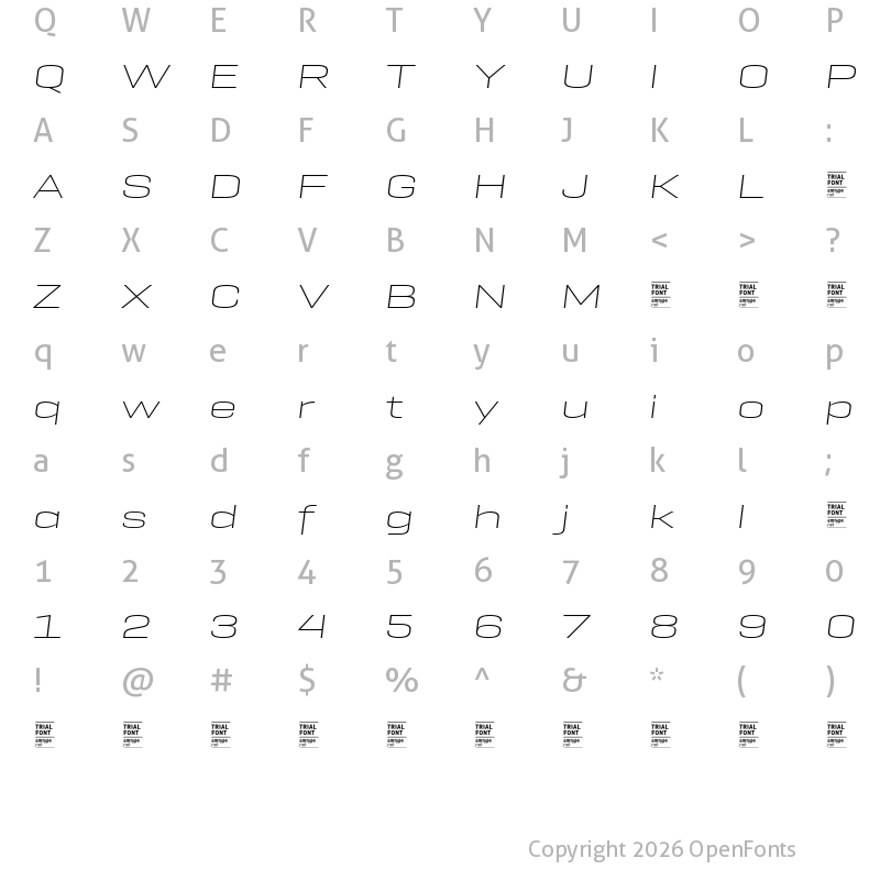 Character Map of GeogrotSharp TRIAL Exp UltraLight Italic