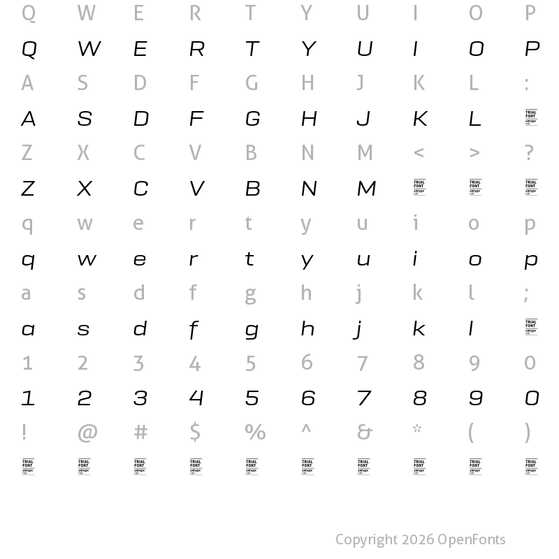 Character Map of GeogrotSharp TRIAL Ext Regular Italic