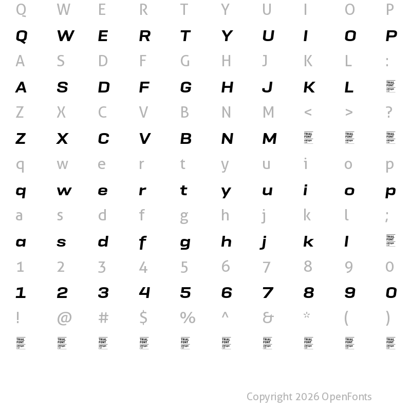 Character Map of GeogrotSharp TRIAL Ext SemiBold Italic