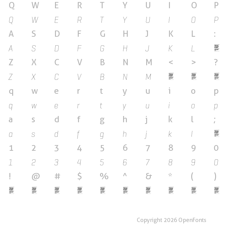 Character Map of GeogrotSharp TRIAL Thin Italic
