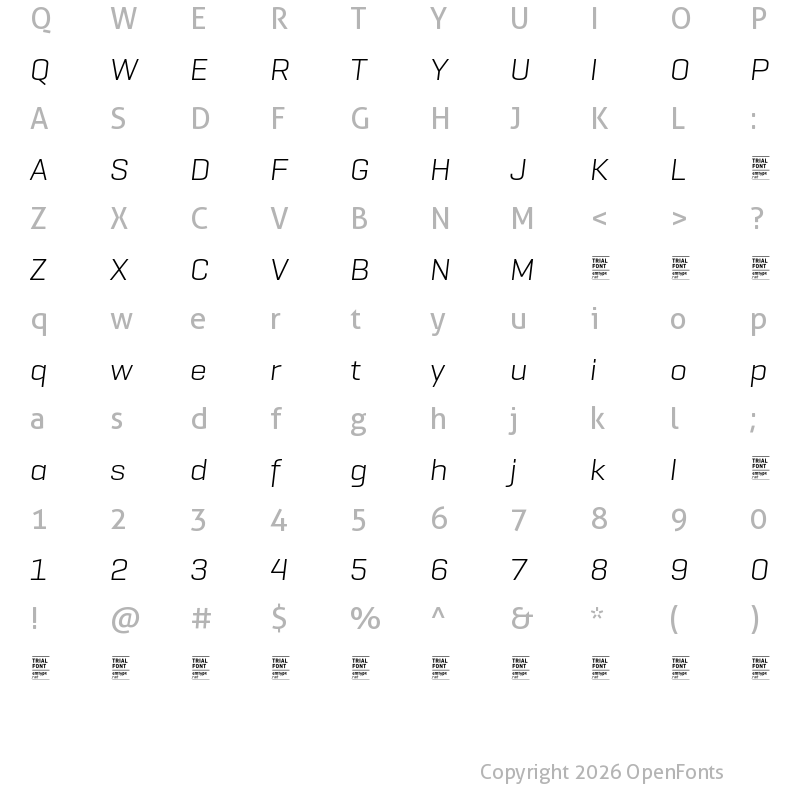 Character Map of GeogrotSharp TRIAL Wide Light Italic