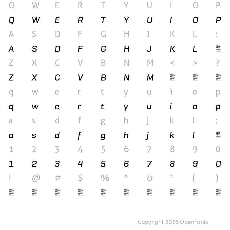 Character Map of GeogrotSharp TRIAL Wide Medium Italic
