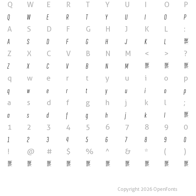 Character Map of GeogrotSharp TRIAL XComp Light Italic