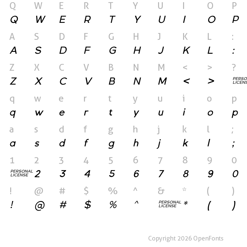 Character Map of Gexo Sans Medium Italic