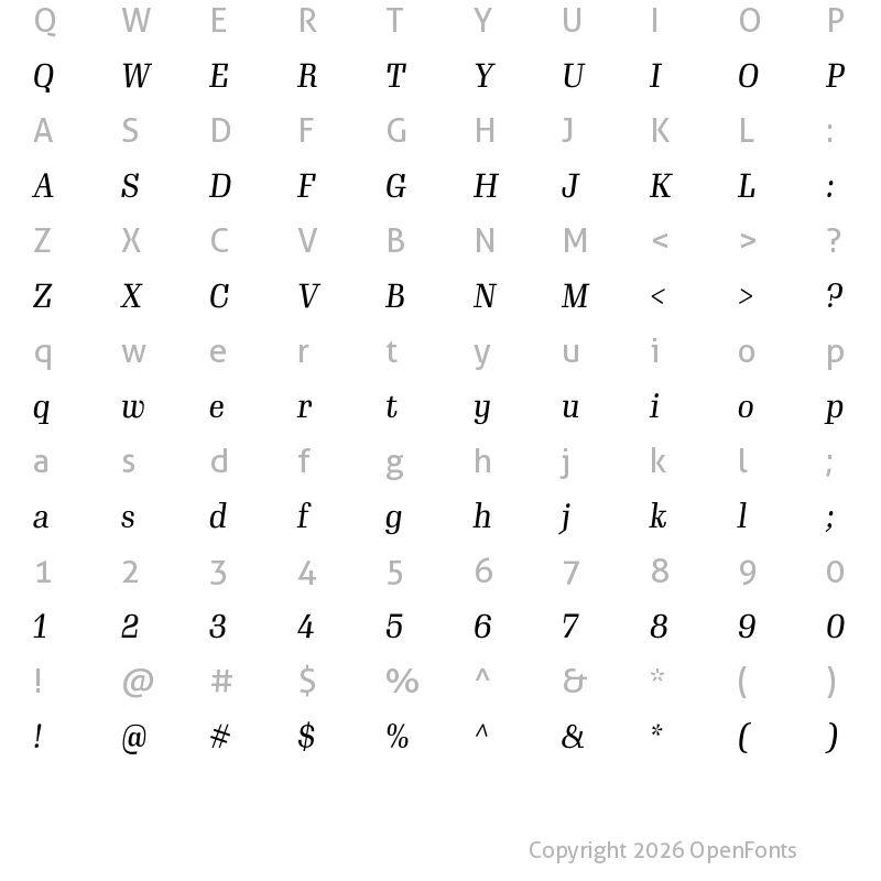 Character Map of Gimlet Text Condensed Italic