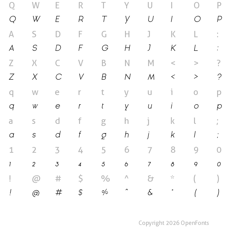 Character Map of Ginora Sans Light Oblique