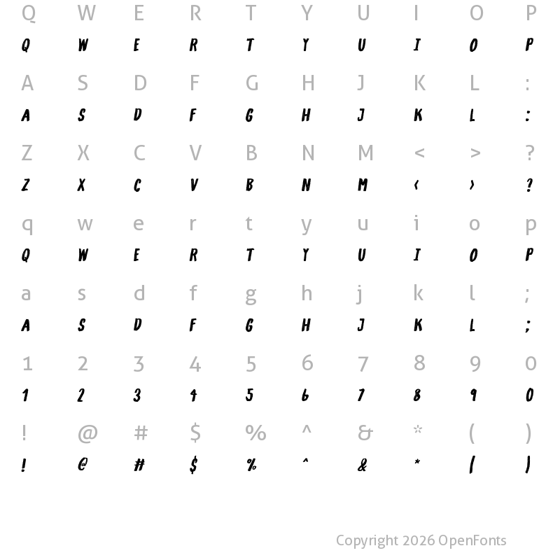 Character Map of Gliny Hand Dense Rasp Italic