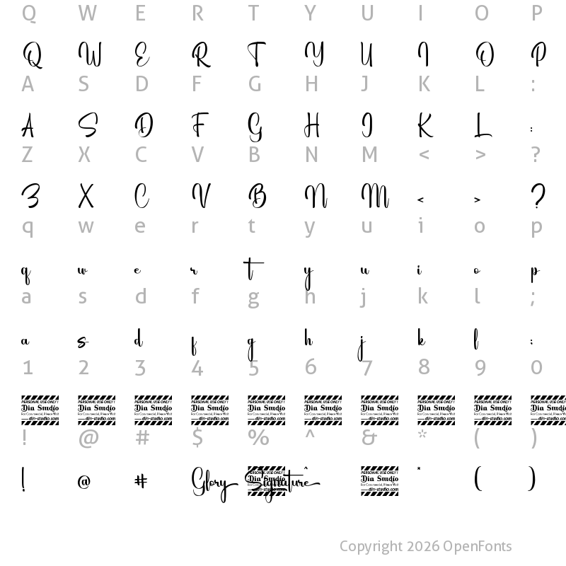 Character Map of Glory Signature Personal use Regular