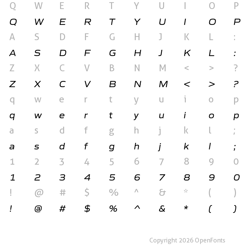 Character Map of Gomme Sans Italic