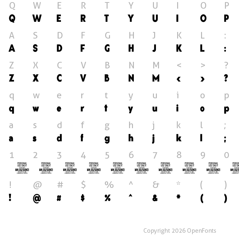 Character Map of Gonzi Condensed PERSONAL USE Black