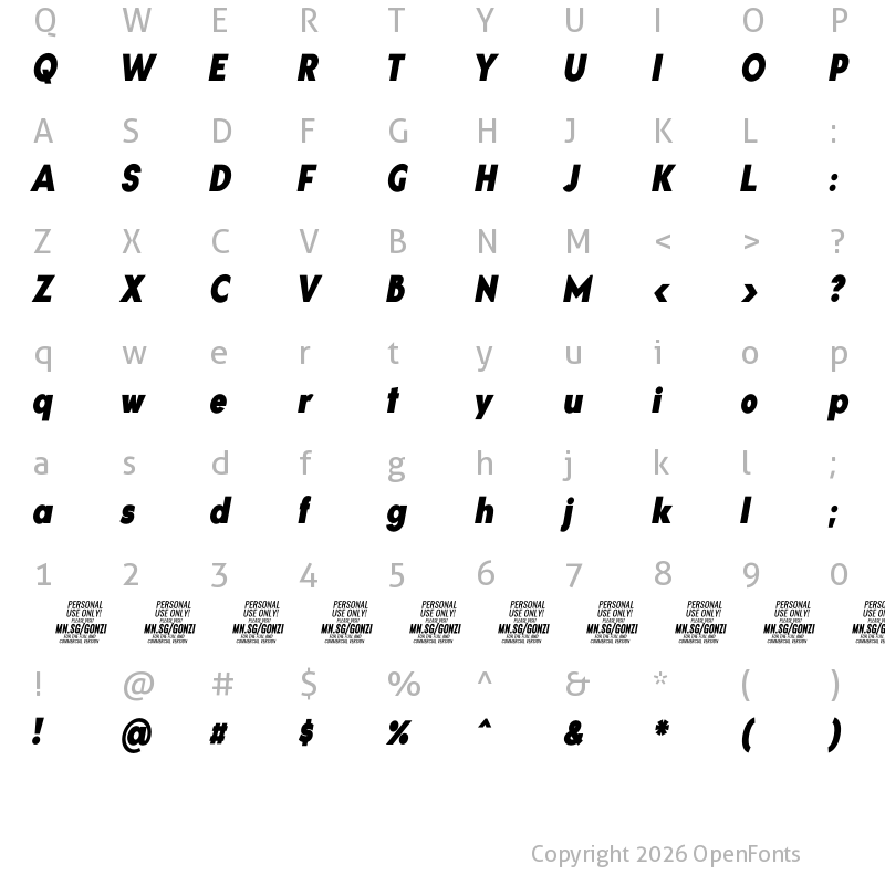 Character Map of Gonzi Condensed PERSONAL USE Black Italic