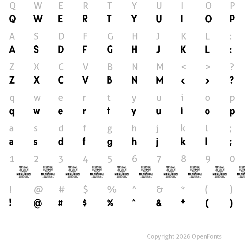Character Map of Gonzi Condensed PERSONAL USE Bold