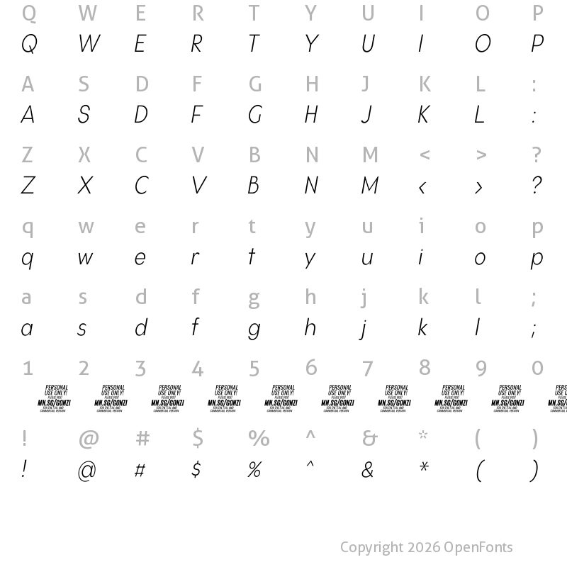 Character Map of Gonzi Condensed PERSONAL USE Light Italic