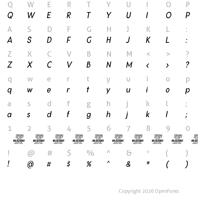 Character Map of Gonzi Condensed PERSONAL USE Regular Italic