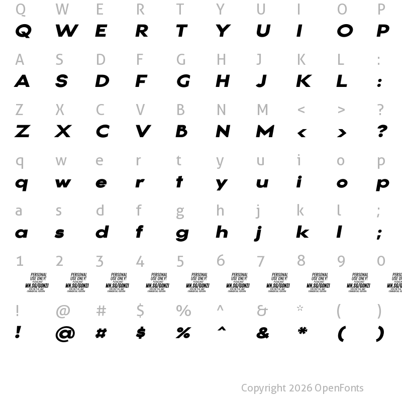 Character Map of Gonzi Expanded PERSONAL USE Black Italic