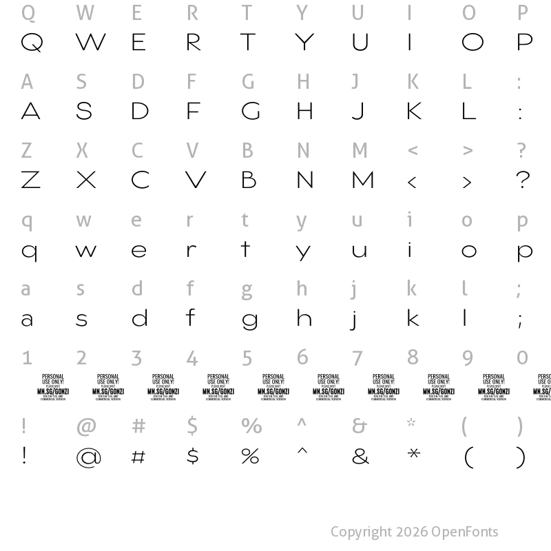 Character Map of Gonzi Expanded PERSONAL USE Light