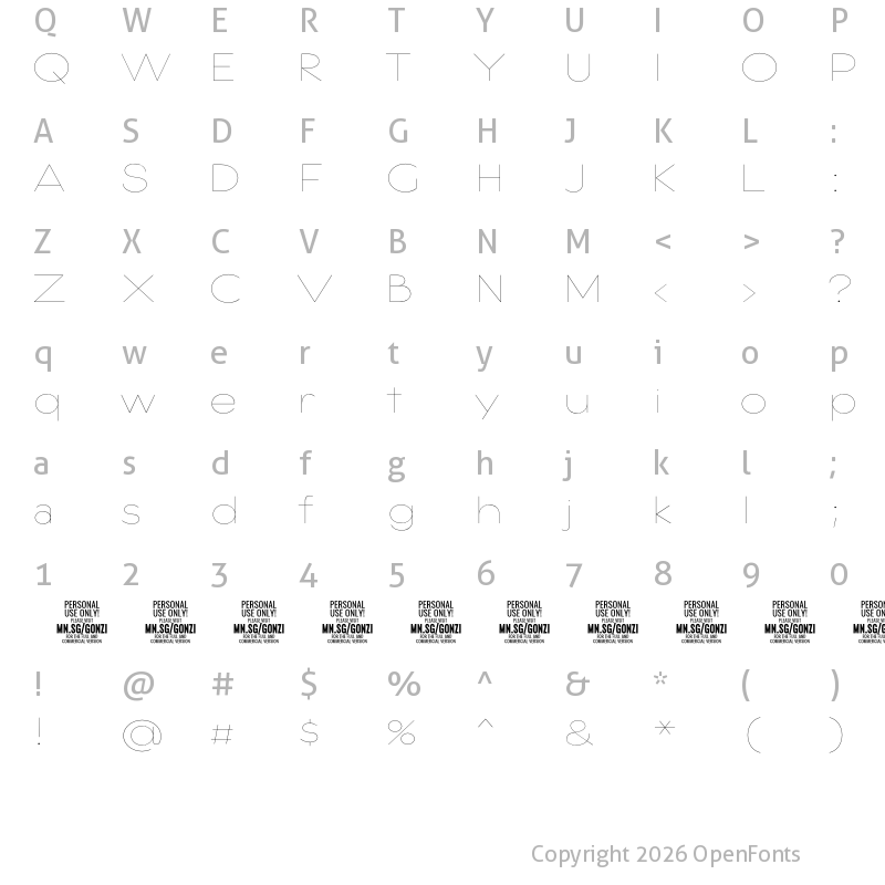 Character Map of Gonzi Expanded PERSONAL USE Thin