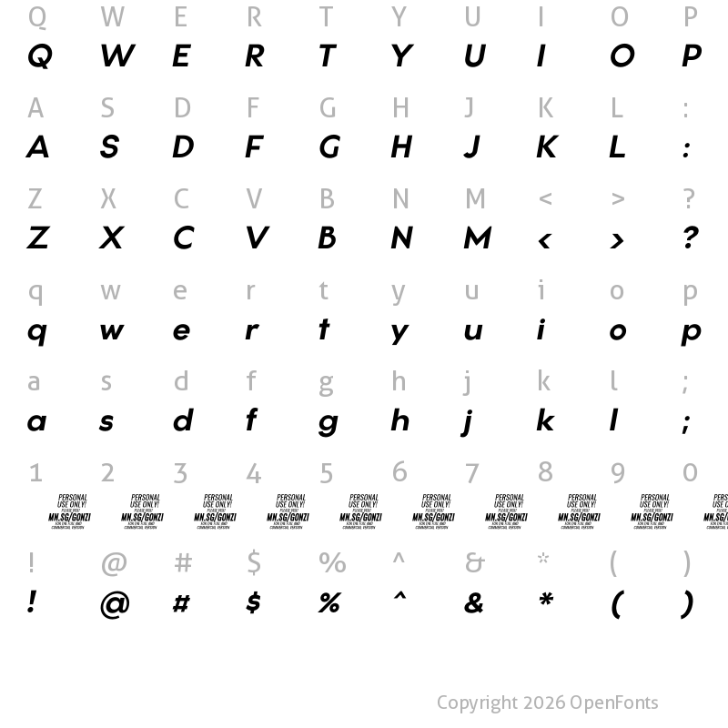 Character Map of Gonzi PERSONAL USE Bold Italic