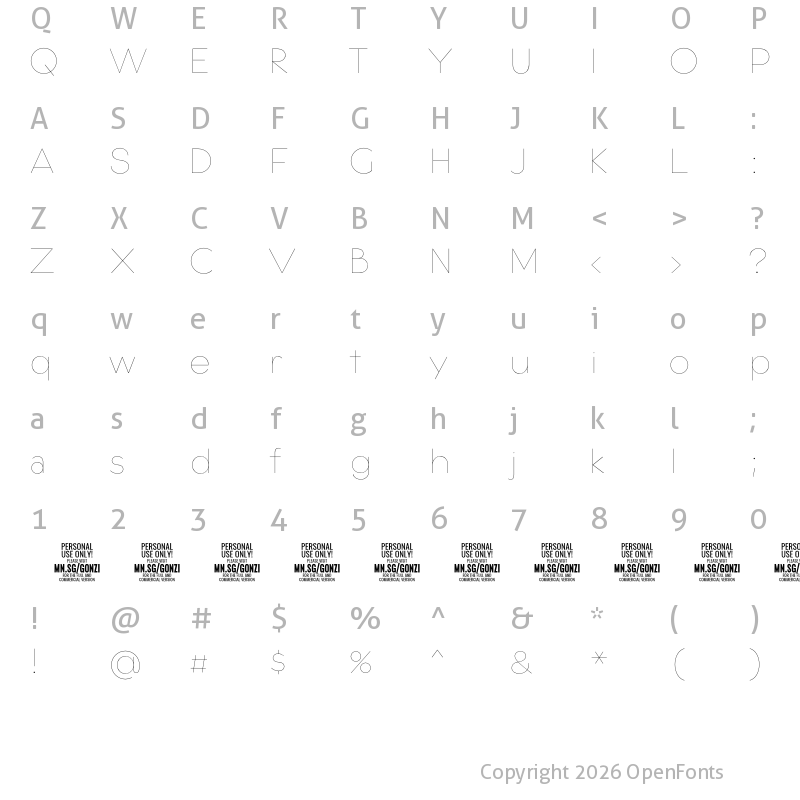 Character Map of Gonzi PERSONAL USE Thin