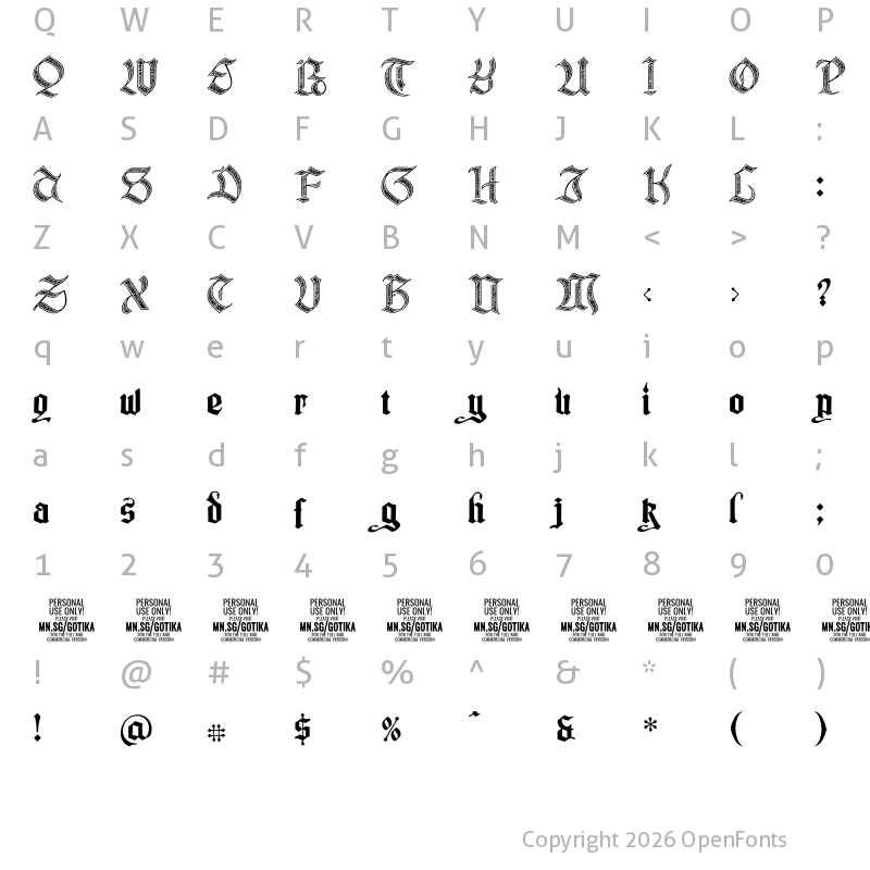 Character Map of Gotika Ornament PERSONAL USE Regular