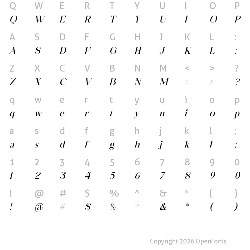 Character Map of Grandest Serif Italic