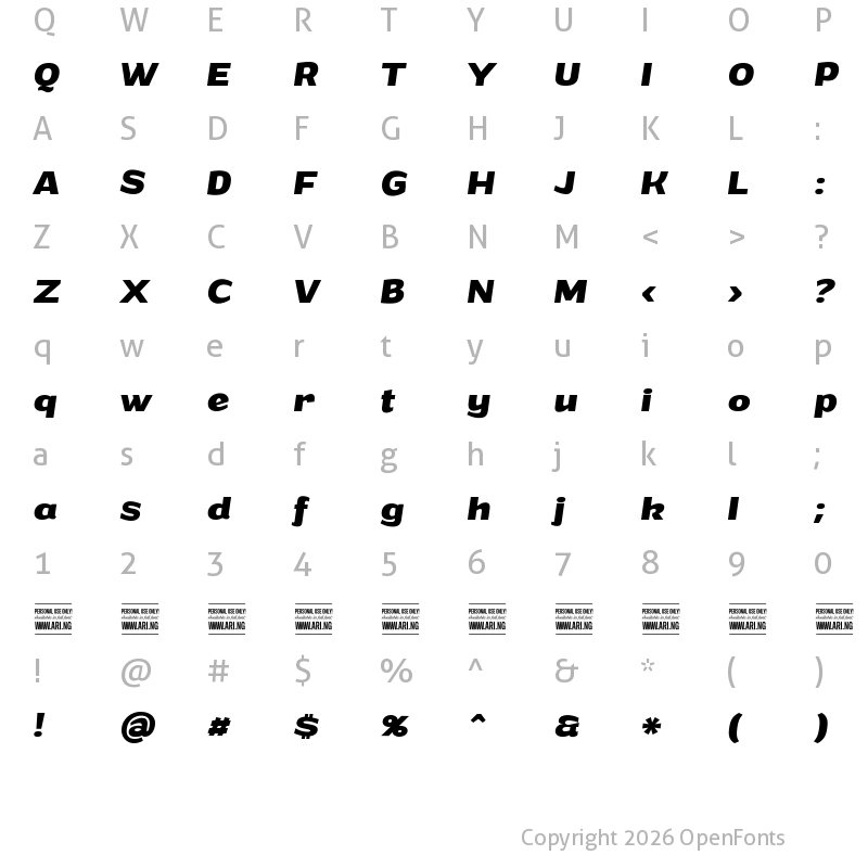 Character Map of Grandi PERSONAL USE Bold Italic