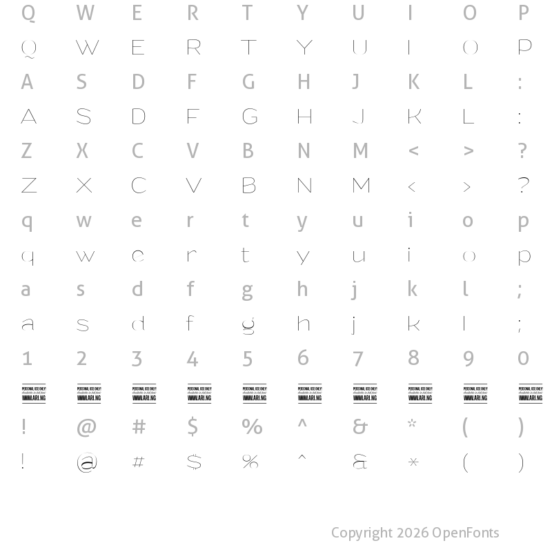 Character Map of Grandi PERSONAL USE Thin