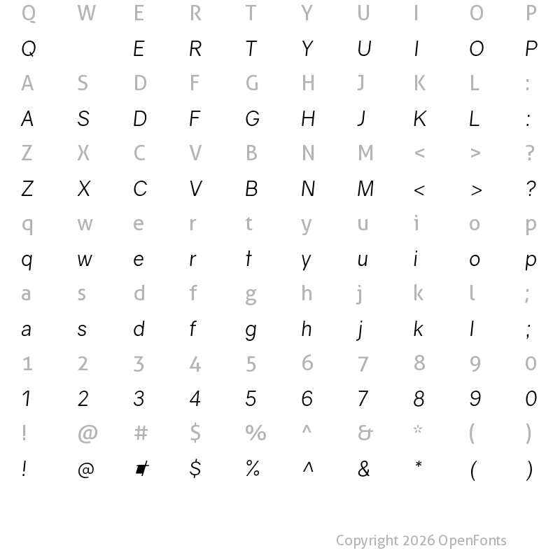 Character Map of Gravity Book Italic