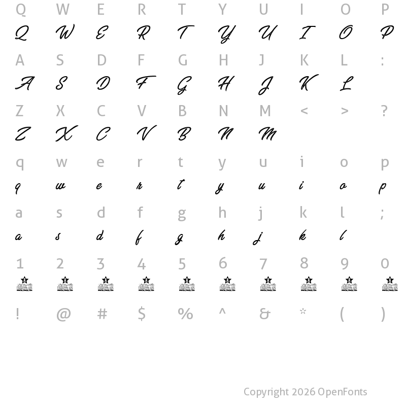 Character Map of GREENFOOD PERSONAL USE Italic