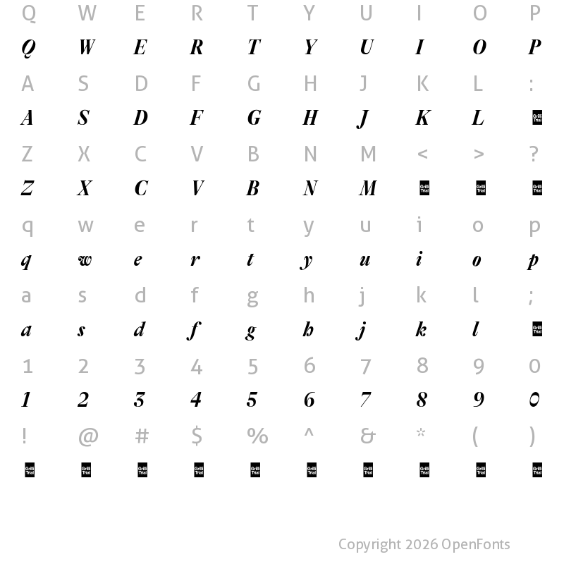 Character Map of GT Alpina Fine Trial Condensed Bold Italic