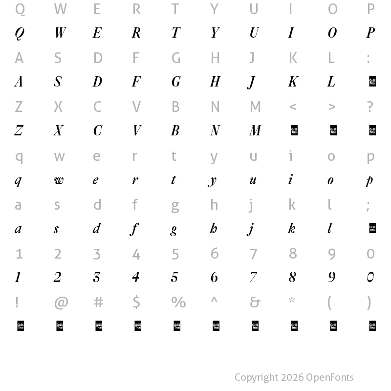 Character Map of GT Alpina Fine Trial Condensed Medium Italic