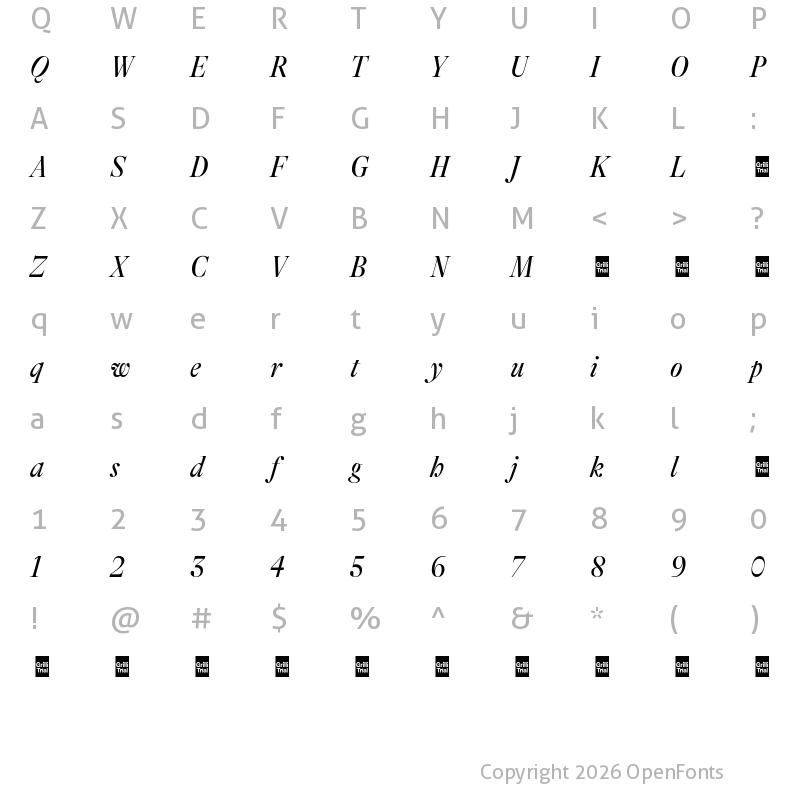 Character Map of GT Alpina Fine Trial Condensed Regular Italic