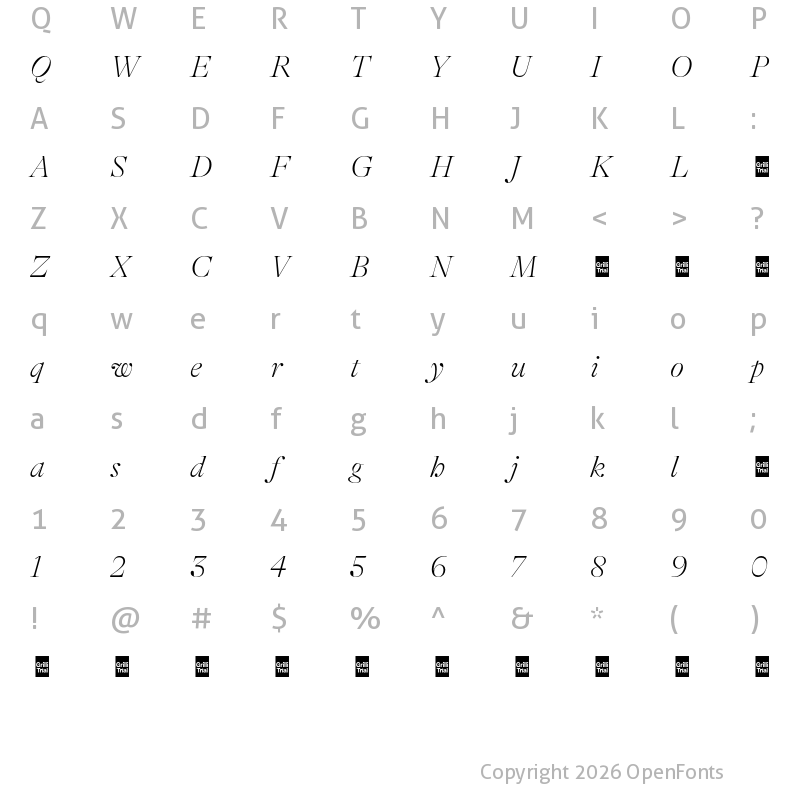 Character Map of GT Alpina Fine Trial Thin Italic
