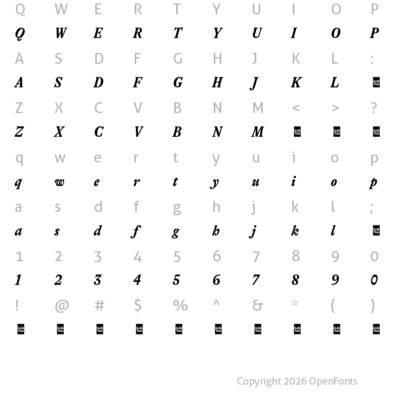 Character Map of GT Alpina Trial Condensed Bold Italic
