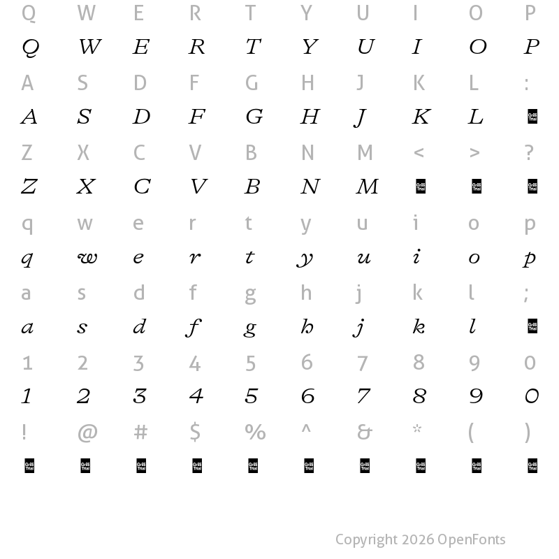 Character Map of GT Alpina Trial Extended Light Italic