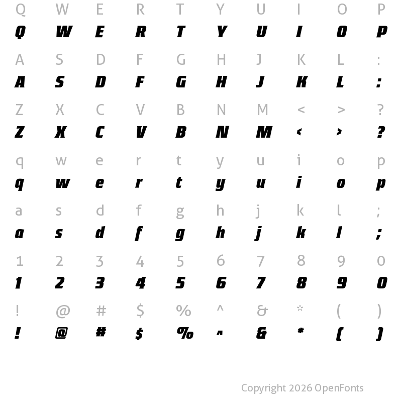 Character Map of Guildhall Regular Italic