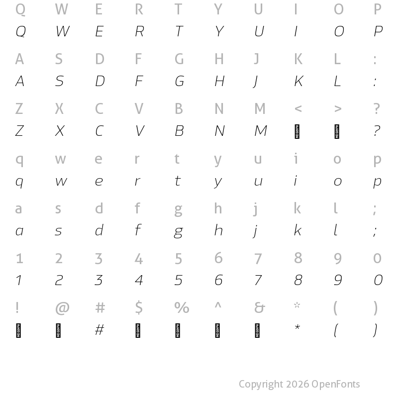 Character Map of Hackman Trial ExtraLight Italic