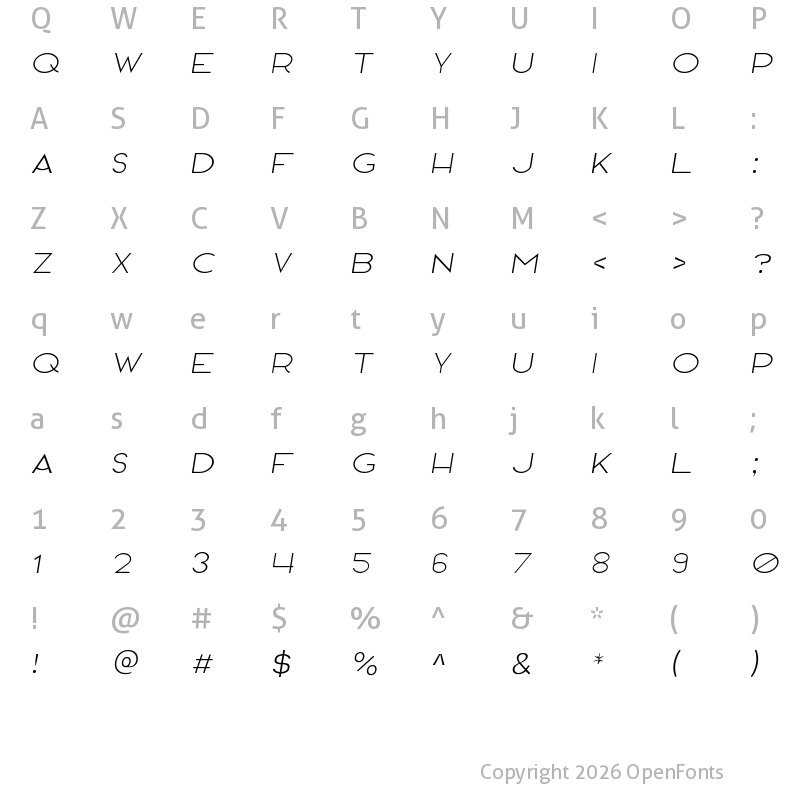 Character Map of Hanover Thin Italic